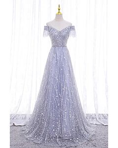 Elegant Silver Off-Shoulder Sequin Evening Gown
