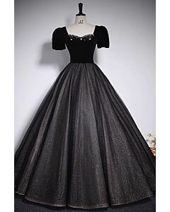 Black Velvet Puff-Sleeve Ball Gown with Beaded Sweetheart Neckline