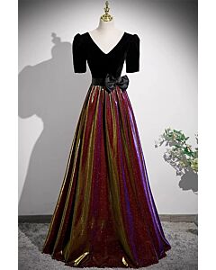 Black Velvet V-Neck Puff-Sleeve Evening Gown with Iridescent Rainbow Metallic A-Line Skirt and Satin Bow
