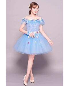 Off-Shoulder Short Tulle Dress with Floral Appliqués