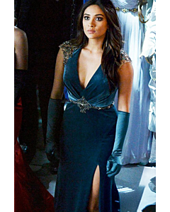 Shay Mitchell Teal Blue Velvet Celebrity Formal Dress Pretty Little Liars
