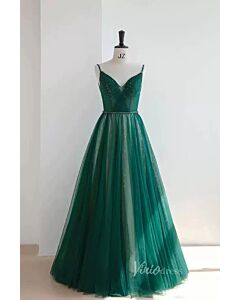 Emerald Green Spaghetti Strap Tulle A-Line Prom Dress
