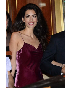 Amal Clooney Short Burgundy Velvet Cocktail Party Celebrity Dress