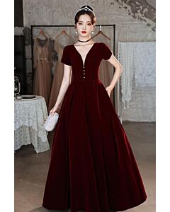 Velvet Short-Sleeve Deep V-Neck A-Line Evening Gown with Buttoned Bodice