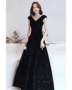 Black Glitter V-Neck Cap-Sleeve A-Line Evening Gown