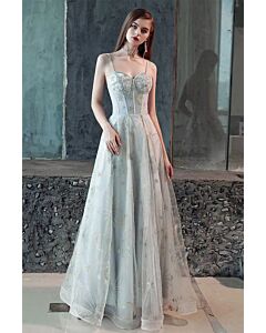 Silver Grey Celestial Embroidered Tulle A-Line Evening Gown