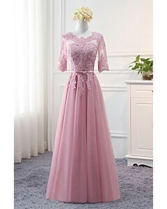 Illusion Neckline, Half Sleeves & Belted Floor-Length Tulle Dress
