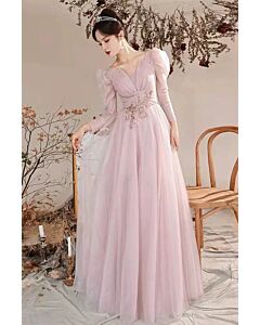 Puff-Shoulder Long-Sleeve Tulle A-Line Evening Gown