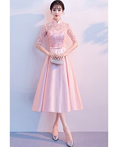Blush Pink Qipao-Inspired Tea-Length Dress