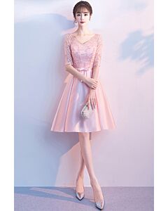 Blush Pink V-Neck Lace Illusion Bodice Short A-Line Satin Cocktail Dress