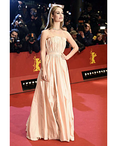 Blush Reverie – Lily James Strapless Taffeta Ball Gown