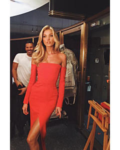 Scarlet Siren – Elsa Hosk Red Off-the-Shoulder Slit Gown