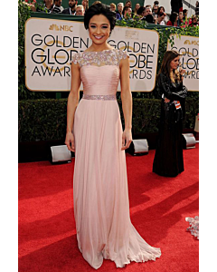 Blush Enchantment – Pink Chiffon Cap-Sleeve Evening Gown