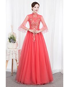 Coral Red Qipao-Inspired Embroidered Tulle Ball Gown