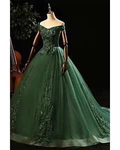 Emerald Green Off-the-Shoulder Lace Appliqué Tulle Ball Gown with Train