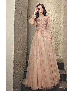 Champagne Sheer Bishop-Sleeve Lace Appliqué Tulle A-Line Evening Gown