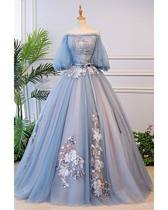 Off-the-Shoulder Puff-Sleeve Tulle Ball Gown with 3D Floral Appliqués
