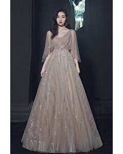 Taupe Deep V-Neck Glitter Tulle A-Line Evening Gown