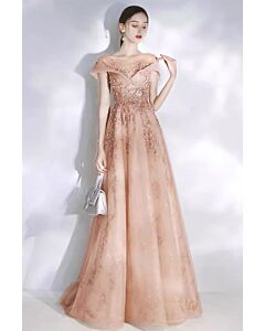 Champagne Off-the-Shoulder Sequin Appliqué Tulle A-Line Evening Gown