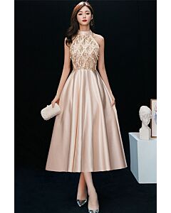 Gold Halter Sequin-Beaded Bodice Satin A-Line Tea-Length Evening/Prom Dress