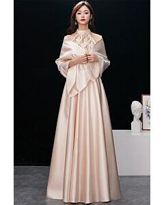 Halter Sequin Lace Bodice Satin A-Line Evening Gown with Matching Shawl