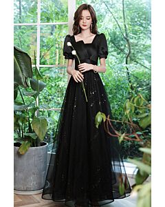 Black Puff-Sleeve Square-Neck Evening Gown