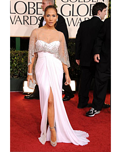 Starlit Veil – Jennifer Lopez White Chiffon Gown with Crystal-Embellished Cape