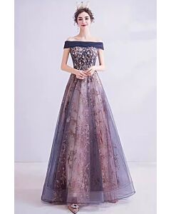 Navy & Mauve Off-Shoulder Embroidered Tulle A-Line Evening Gown