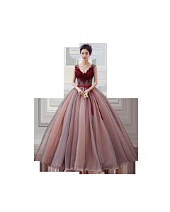 Deep V-Neck Red 3D Floral Appliqué Bodice with Ribbon Waist