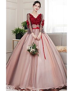 Long Sheer Sleeves, Red 3D Floral Appliqué V-Neck Bodice