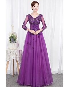 Royal Purple 3D Floral Appliqué V-Neck Sheer Long-Sleeve Tulle Ball Gown