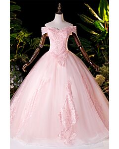 Off-Shoulder Lace Appliqué Tulle Ball Gown