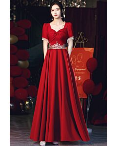 Sweetheart Twist Bodice, Beaded Waist & Sleeve Trim, Floor-Length Formal Dress