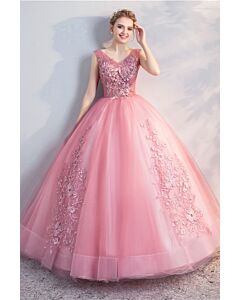  V-Neck Floral Appliqué Bodice & Layered Tulle Skirt