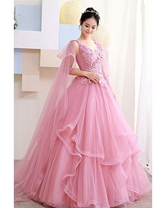 V-Neck 3D Floral Bodice, Cascading Cape Sleeves & Tiered Ruffle Skirt