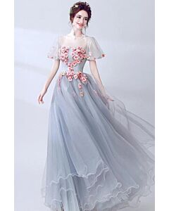 Illusion bateau neckline with sheer flutter sleeves