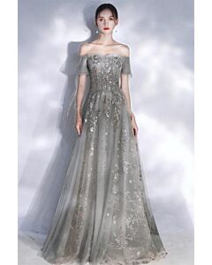 misty grey tulle with soft off-shoulder sleeves