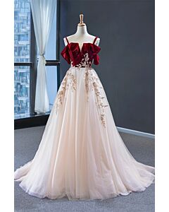 off-shoulder bodice with double straps and a soft V-notch