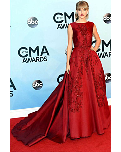 Crimson Elegance – Taylor Swift Red Satin Formal Gown CMA Awards 2013