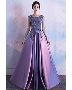 Lavender Ball Gown Evening Dress – Beaded Lace Bodice & Pleated Satin Maxi Skirt