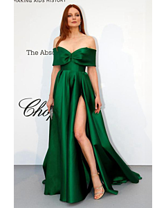 Emerald Allure – Off-the-Shoulder Satin Ball Gown with Thigh-High Slit
