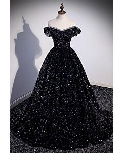 Black Sparkle Off-Shoulder Ball Gown – Glitter Sequin Princess Prom Dress with Puff Sleeves