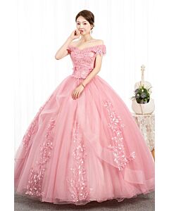Romantic Pink Quinceañera Dress, Off-the-Shoulder Lace Bodice, Layered Tulle Skirt