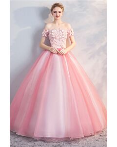 Off-Shoulder Ball Gown – 3D Floral Lace Bodice & Layered Tulle Skirt