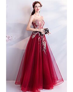 Sheer Mesh Bodice with Beaded Branch Appliqués, Flowing Skirt