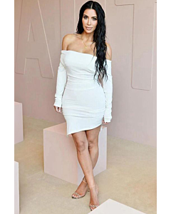 Chic Sophistication – Kim Kardashian Off-the-Shoulder White Cocktail Dress