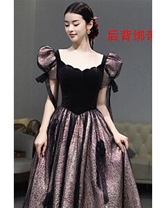 Wine Red Velvet Bodice, Puff Sleeves, Metallic Skirt