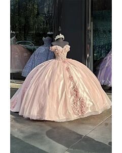 Blush Enchantress – Champagne Pink Floral Ball Gown
