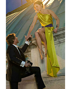 Sunlit Stunt – Mission: Impossible–Inspired One-Shoulder Asymmetrical Satin Gown with Draped Train