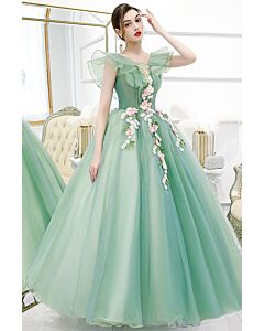 Sage Green Ruffled-Shoulder Ball Gown